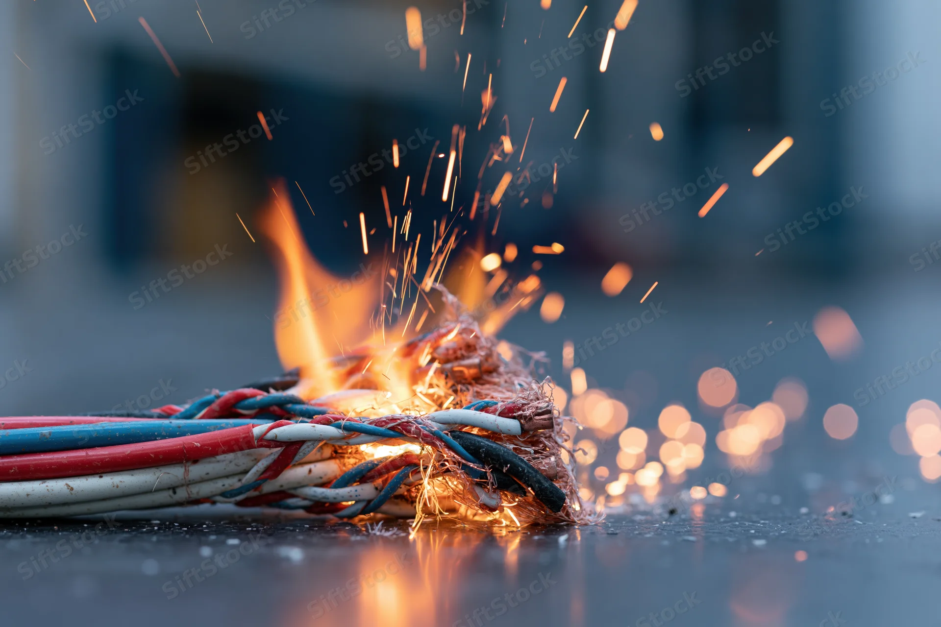 Bundle of multicolored electrical wires burning with sparks on a concrete floor