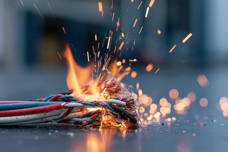 Bundle of multicolored electrical wires burning with sparks on a concrete floor