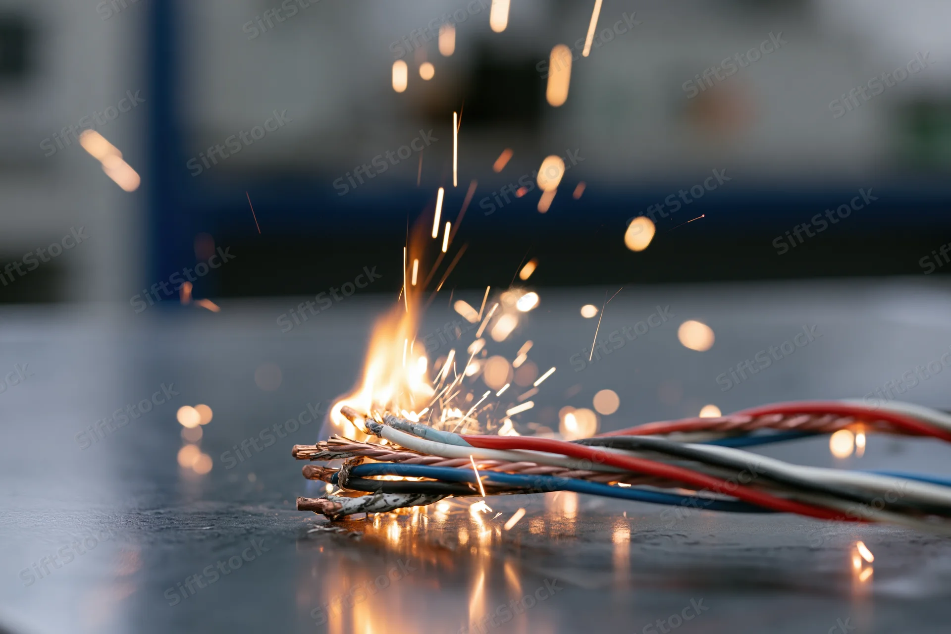 Bundle of multicolored electrical wires burning and sparking on a gray surface