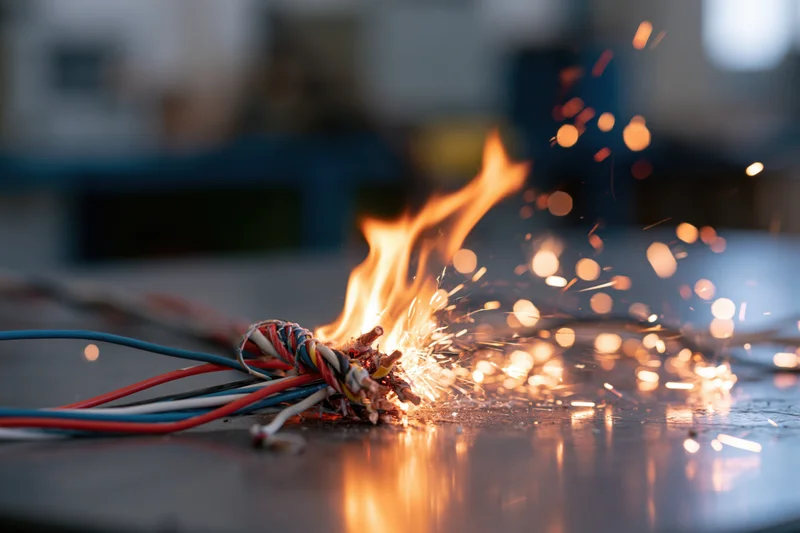 Bundle of multicolored electrical wires burning and sparking on a metal floor in a workshop