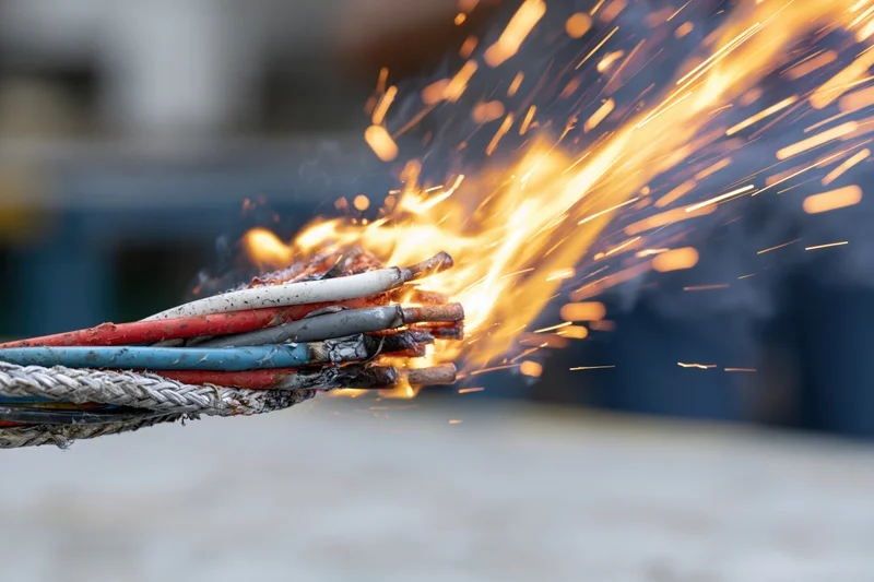 Bundle of multicolored electrical wires burning with sparks and flame in industrial setting