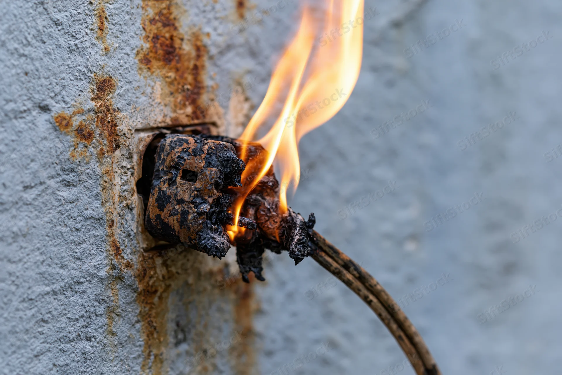 Burnt electrical plug melting in wall outlet with active flame