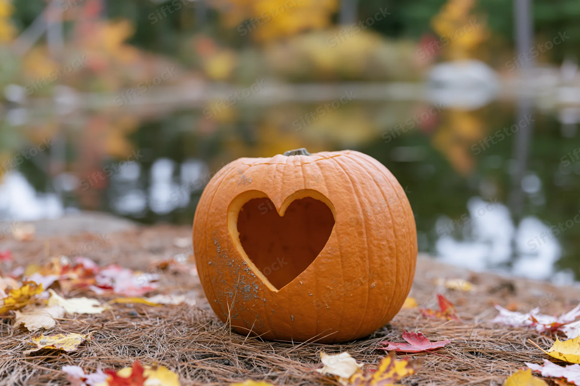 Carved pumpkin with heart-shaped cutout on hay near water surrounded by autumn leaves