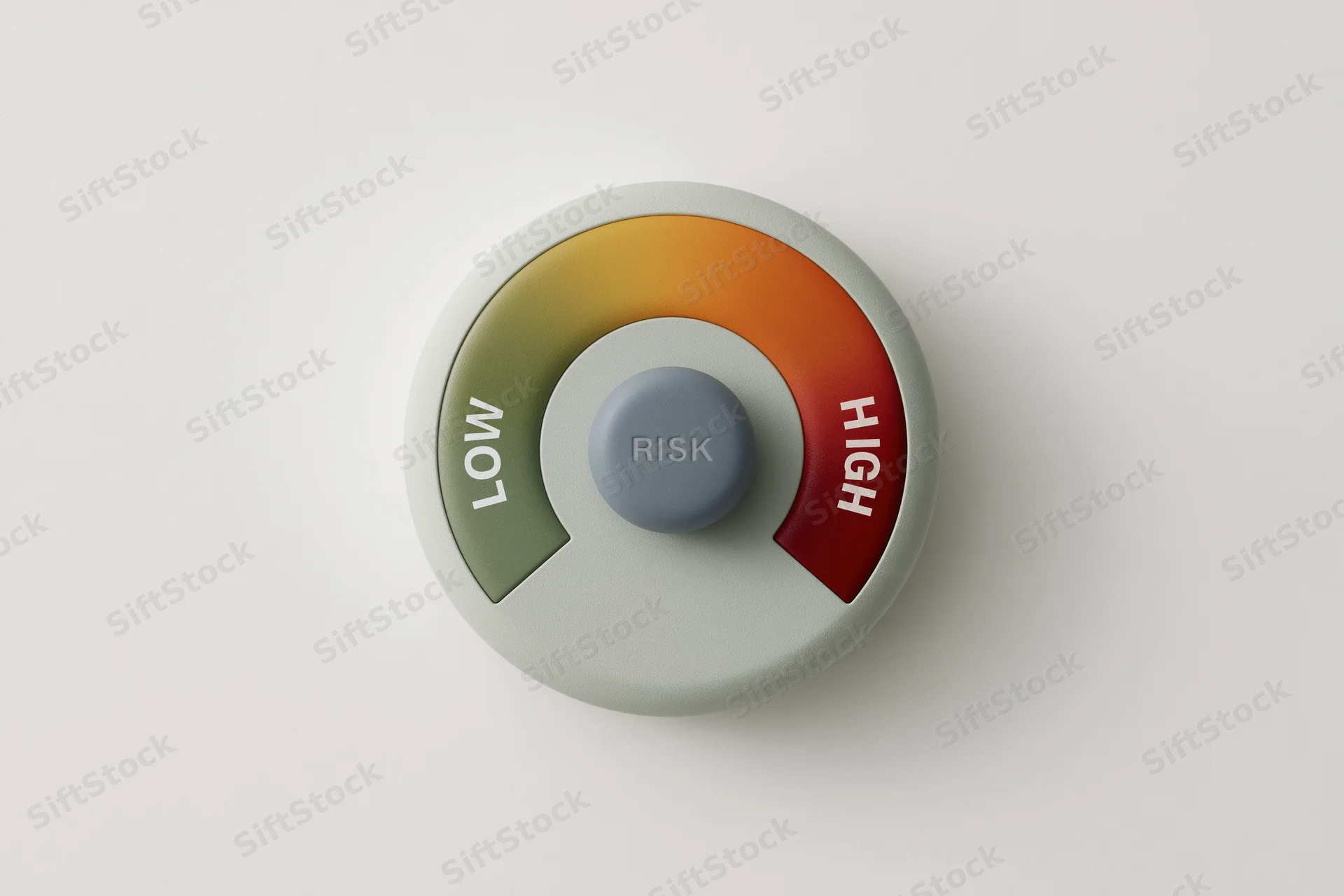 Circular risk meter dial with low to high indicator on white surface