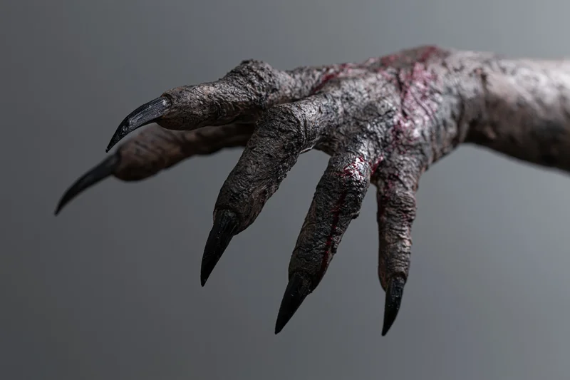 Monster hand with sharp black claws reaching forward against gray background