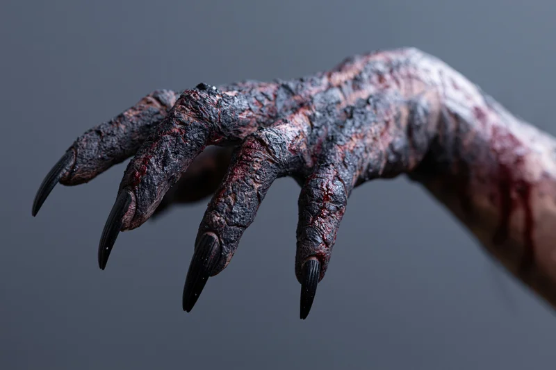 Monster hand with sharp black claws reaching forward against dark background