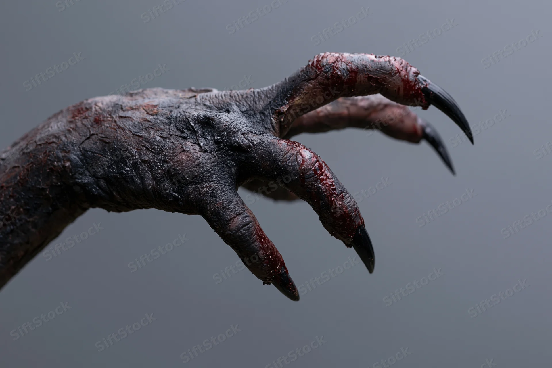 Clawed monster hand reaching forward with long black sharp claws against a dark background