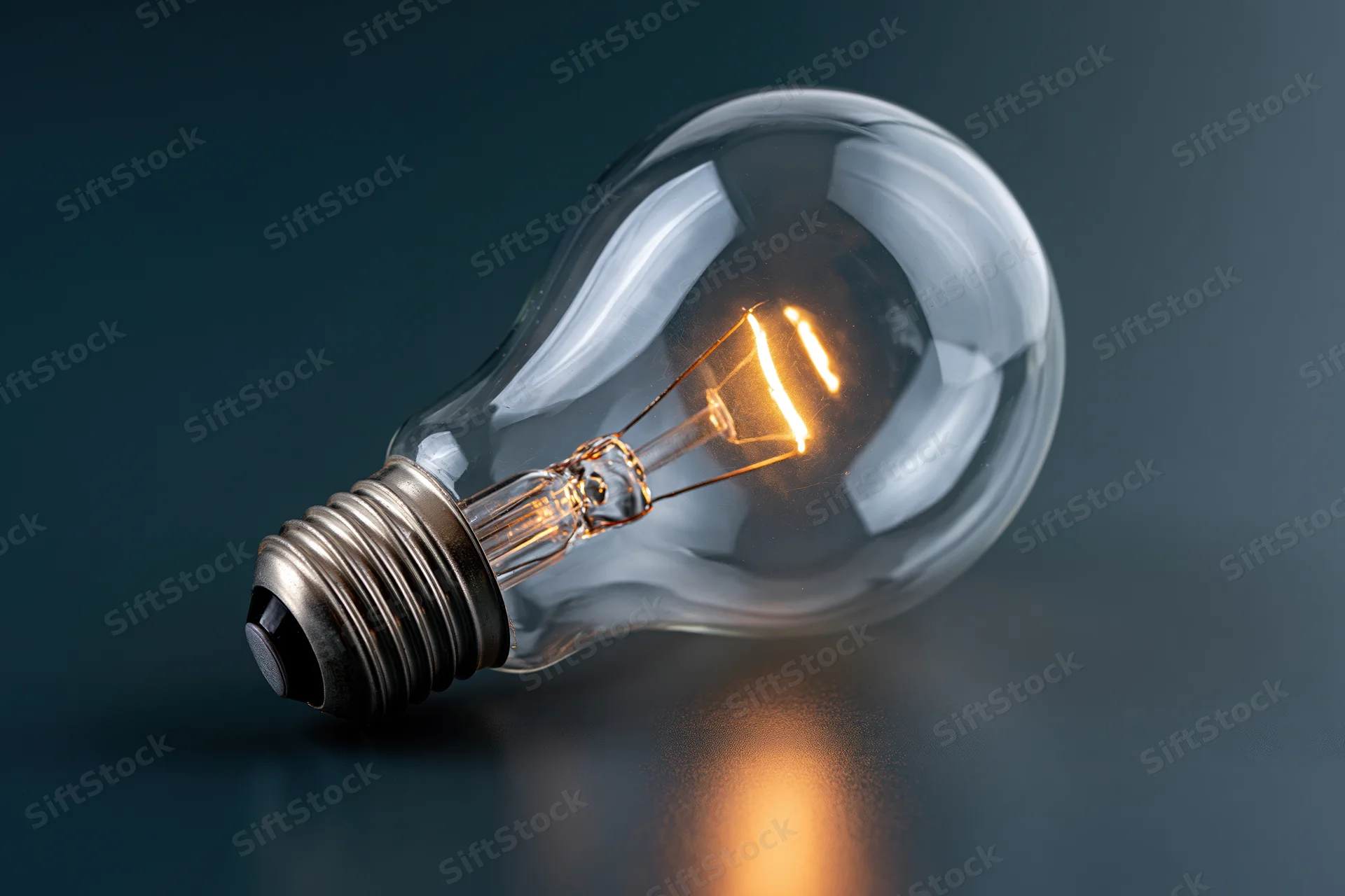 Illuminated incandescent light bulb lying on its side on a dark reflective surface