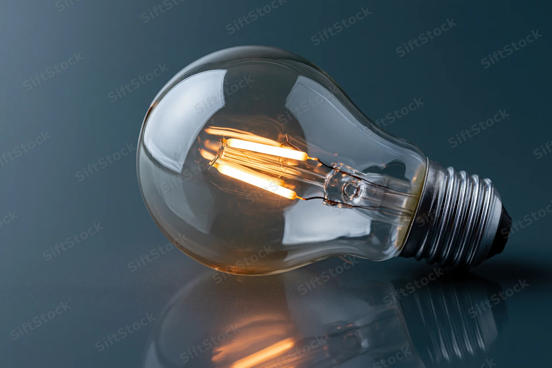 Illuminated incandescent lightbulb lying on its side on a dark reflective surface