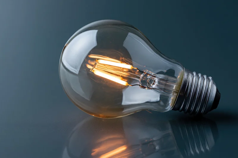 Illuminated incandescent lightbulb lying on its side on a dark reflective surface