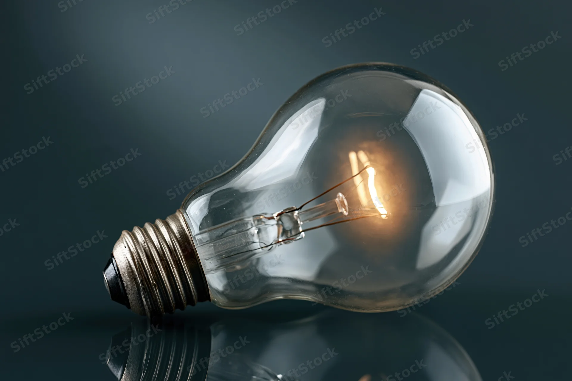 Illuminated incandescent light bulb lying on its side on a reflective dark surface
