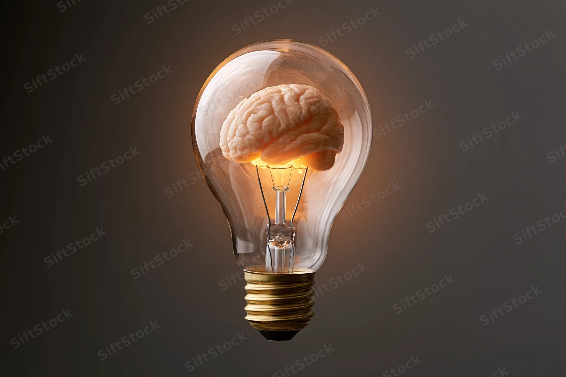 Lightbulb containing a human brain glowing with warm light against dark background