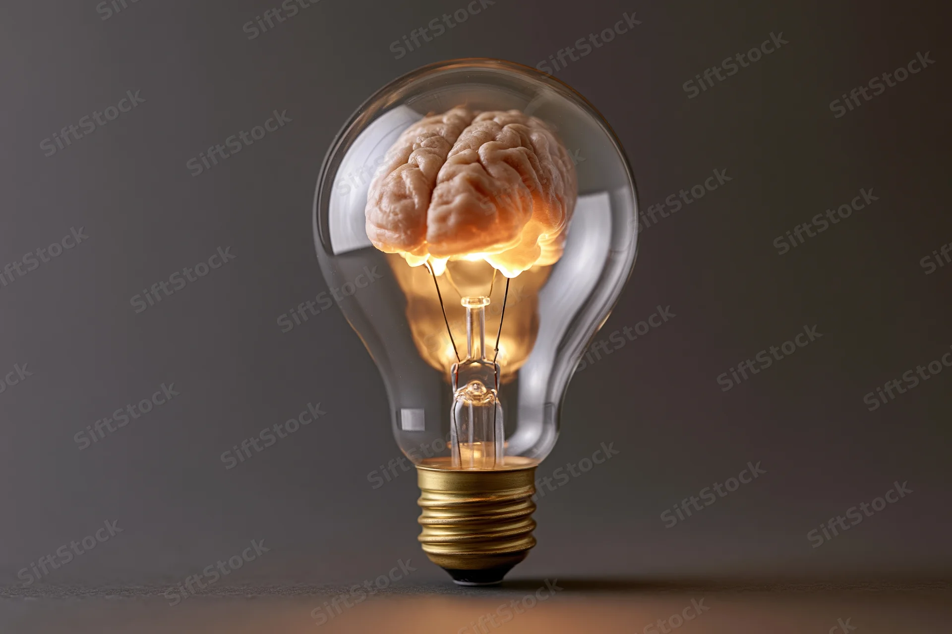 Lightbulb containing a human brain glowing with warm light on a dark surface