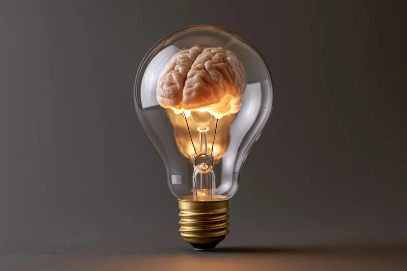 Lightbulb containing a human brain glowing with warm light on a dark surface