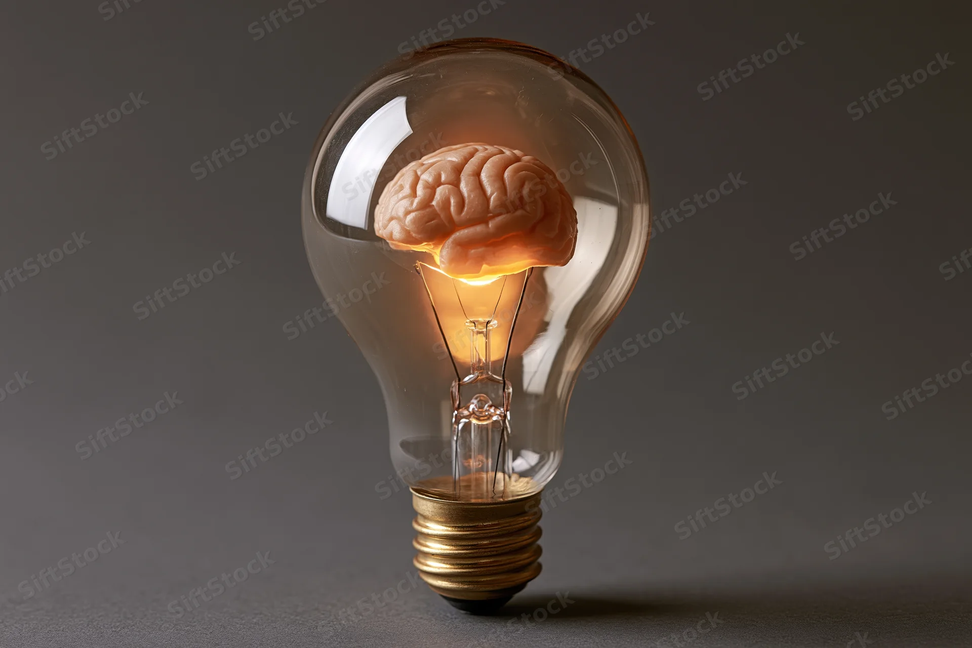 Lightbulb containing a human brain glowing with warm light on dark surface