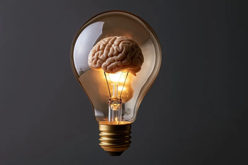 Illuminated lightbulb containing a human brain against a dark background