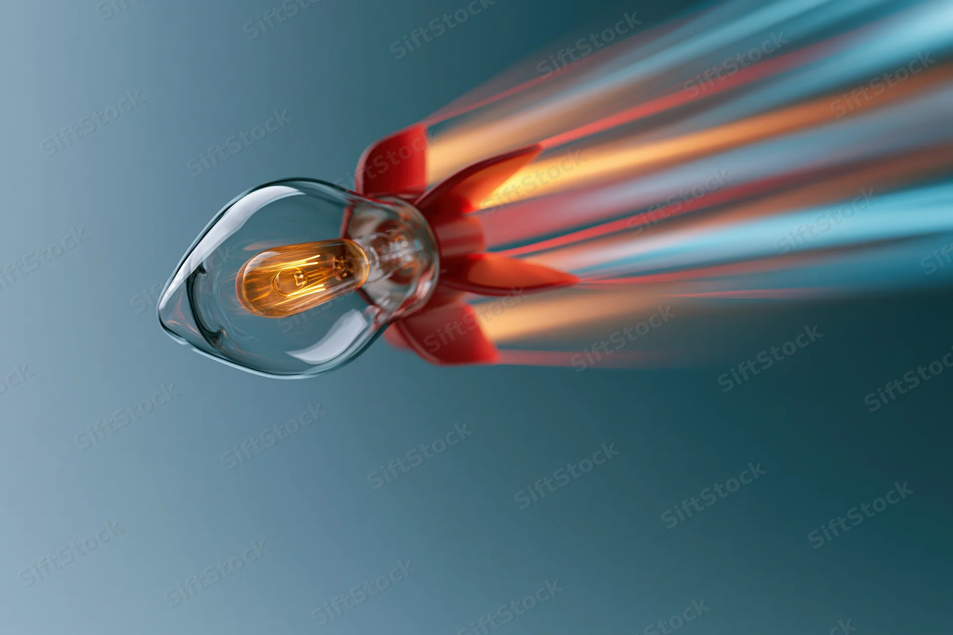 Lightbulb with red rocket fins launching forward against a blue gradient background
