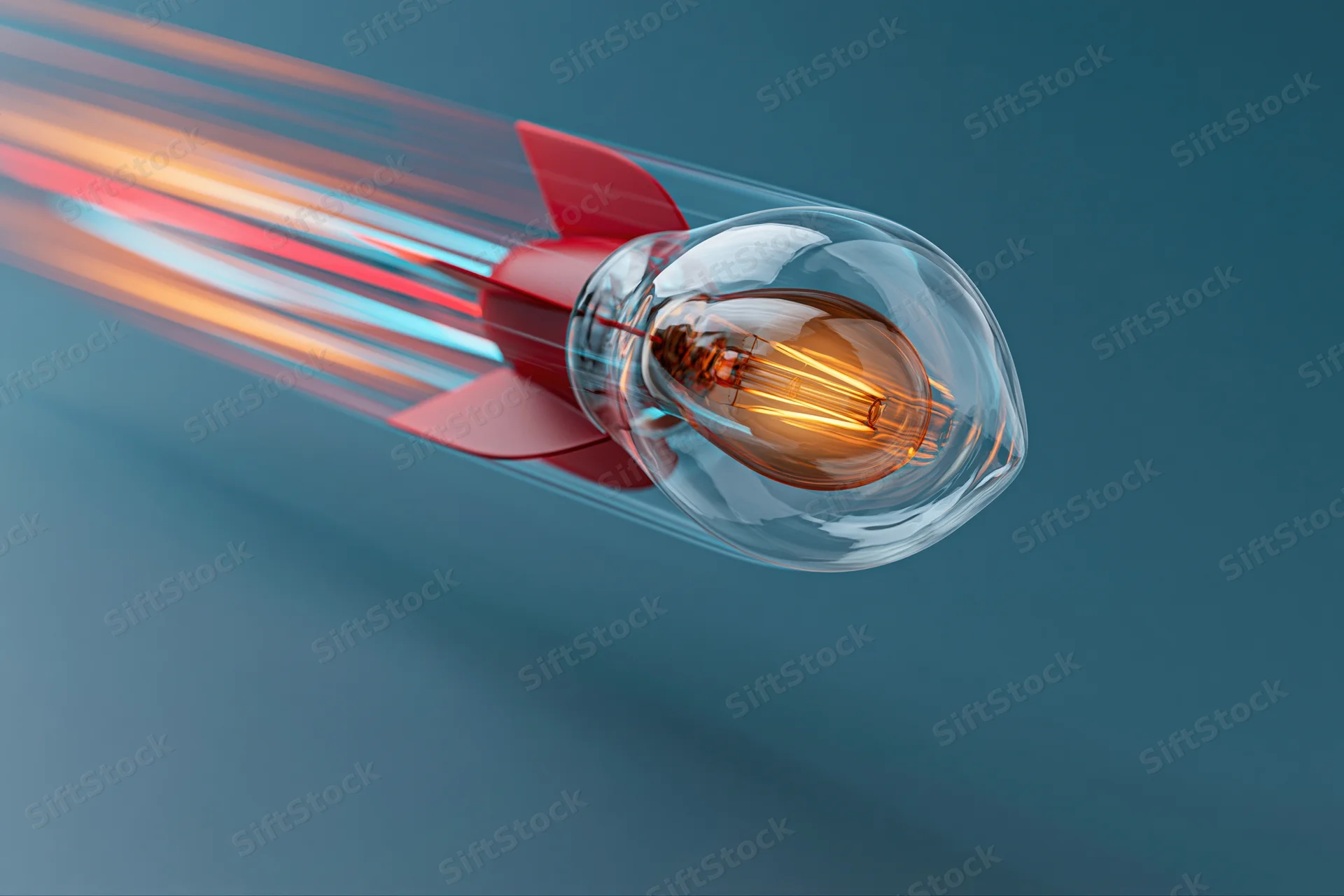 Lightbulb with red rocket fins launching through blue background