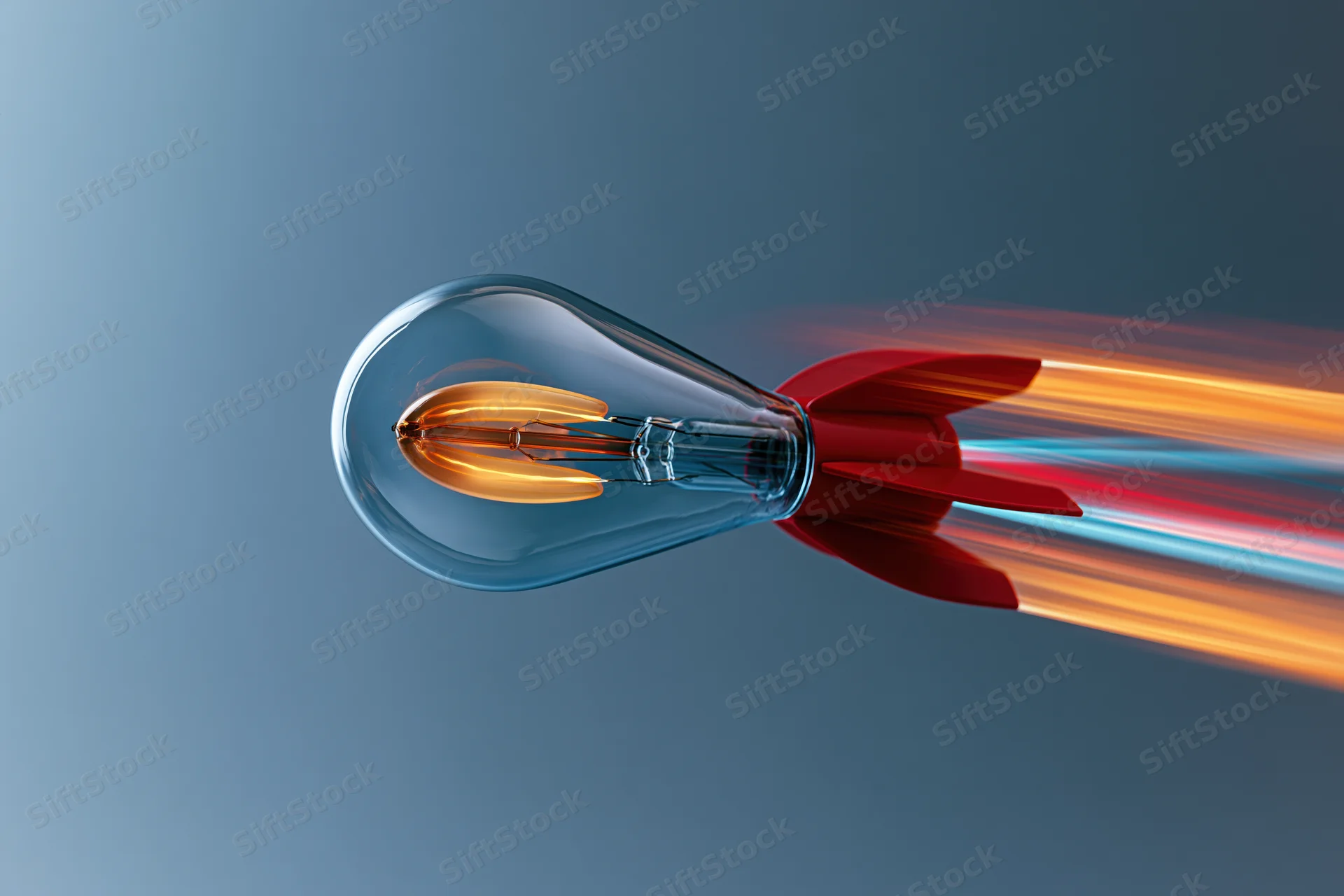 Lightbulb with red rocket fins launching forward leaving a fiery trail