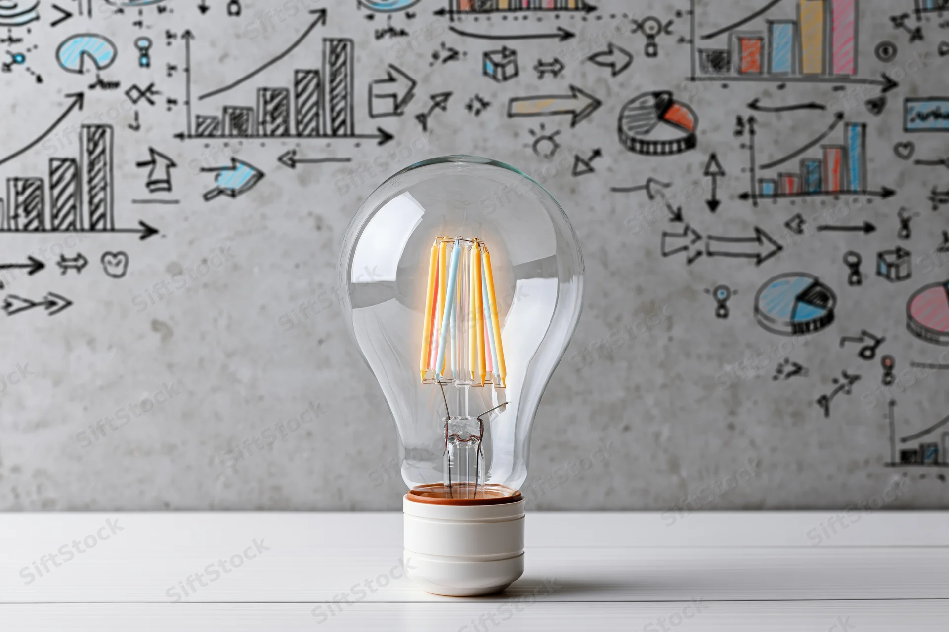 Glowing multicolored filament lightbulb on white table with business sketches on concrete wall behind