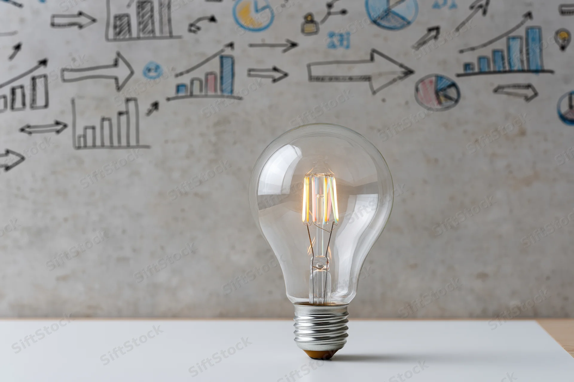 Glowing lightbulb on a desk with hand-drawn business diagrams on a concrete wall behind it