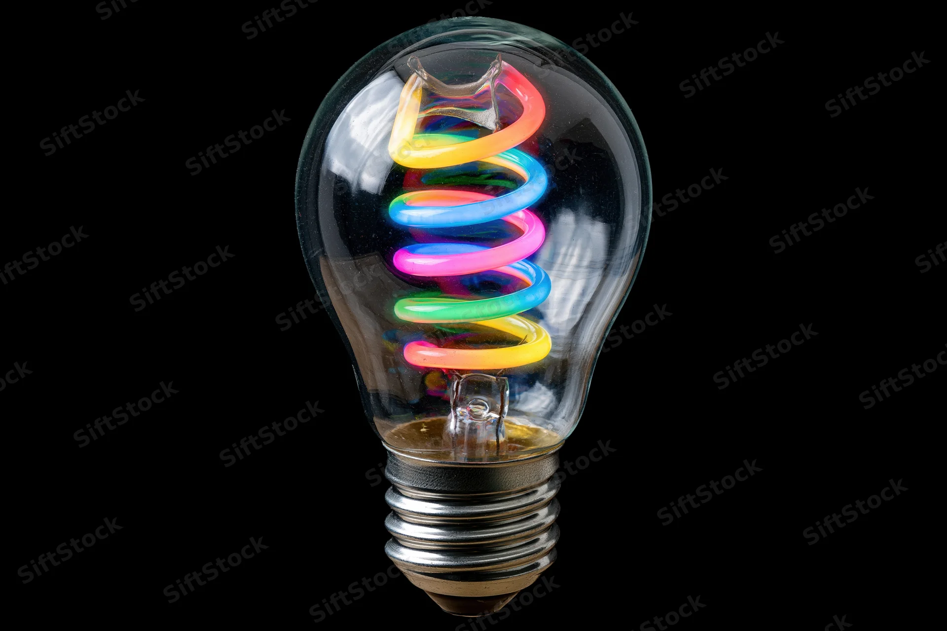 Clear glass lightbulb with rainbow-colored spiral filament against black background