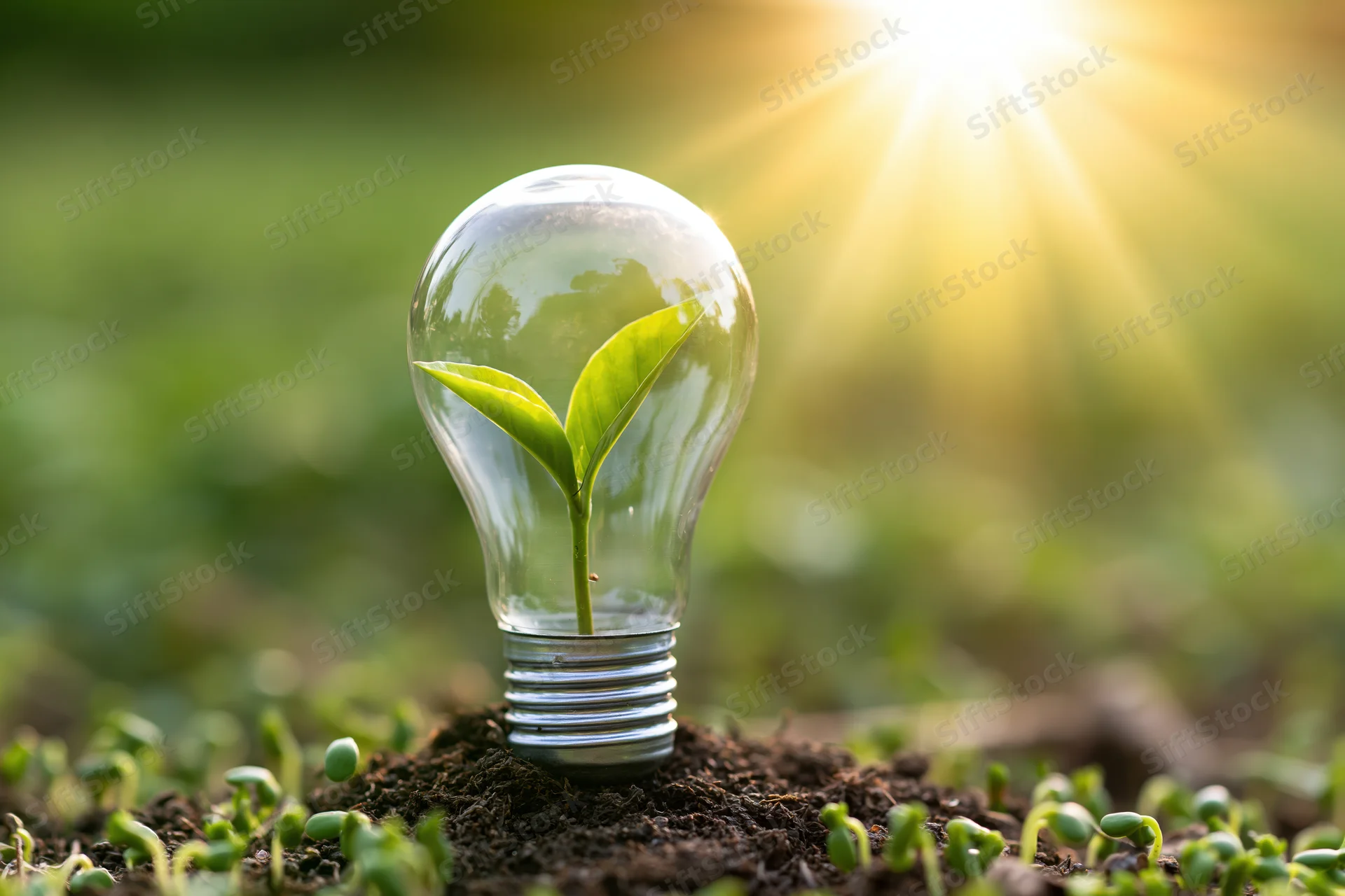 A clear glass lightbulb with a green seedling growing inside, placed in soil under sunlight