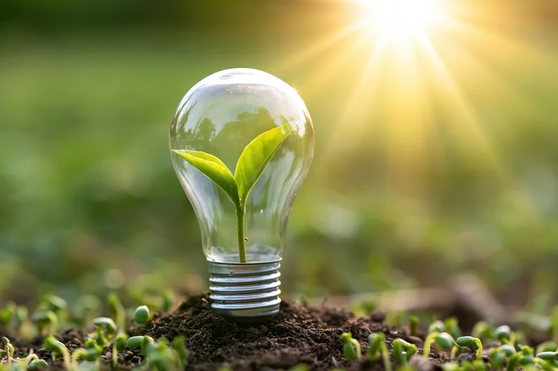 A clear glass lightbulb with a green seedling growing inside, placed in soil under sunlight