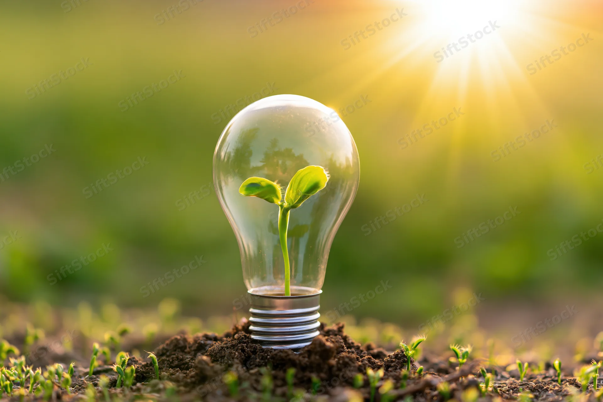 A seedling growing inside a lightbulb placed in soil under sunlight