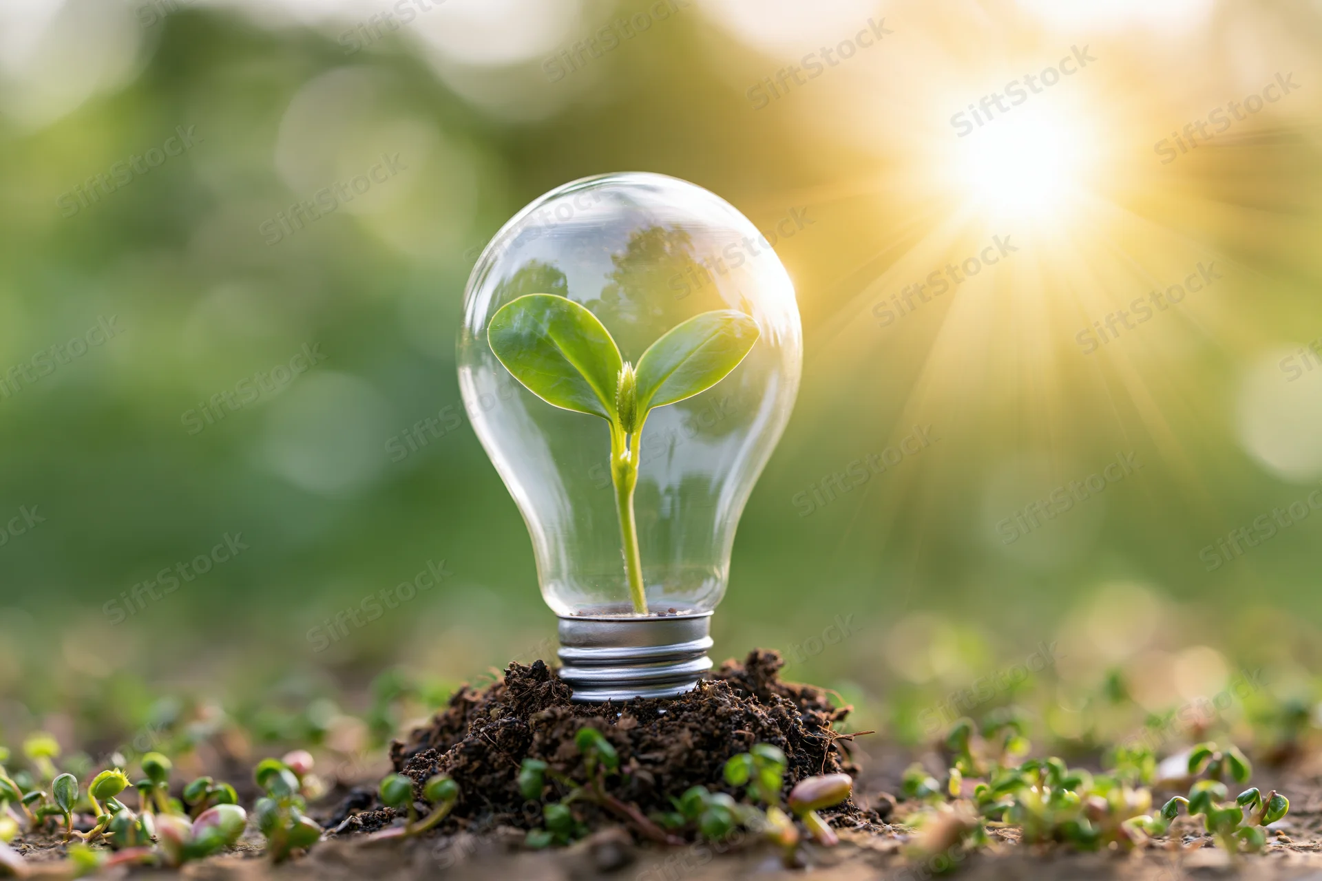 A seedling growing inside a clear glass lightbulb planted in soil under sunlight