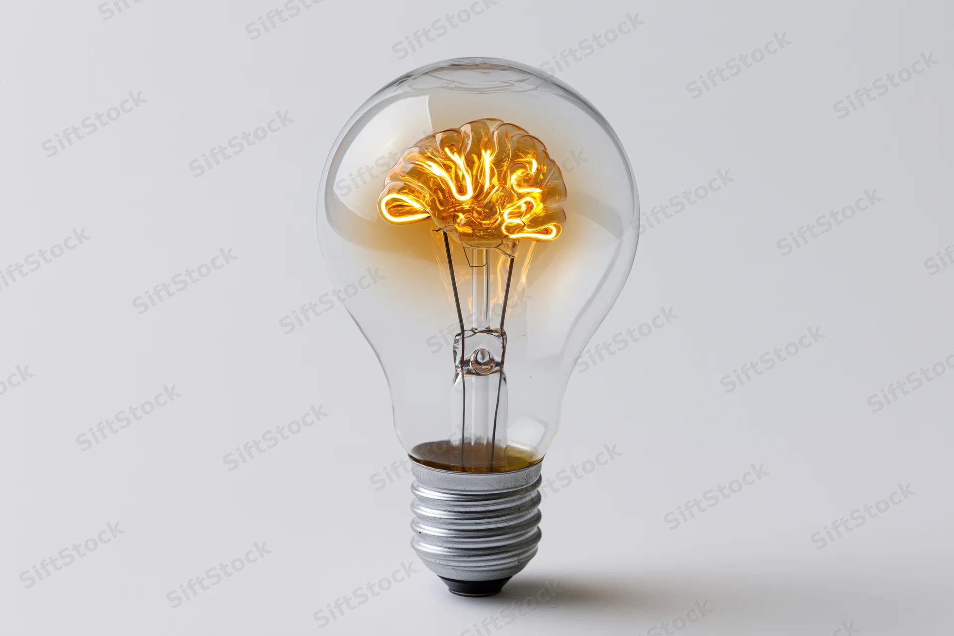 Lightbulb with brain-shaped filament glowing against white background