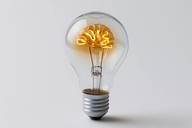 Lightbulb with brain-shaped filament glowing against white background
