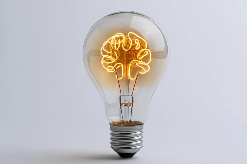Lightbulb with brain-shaped filament glowing against white background
