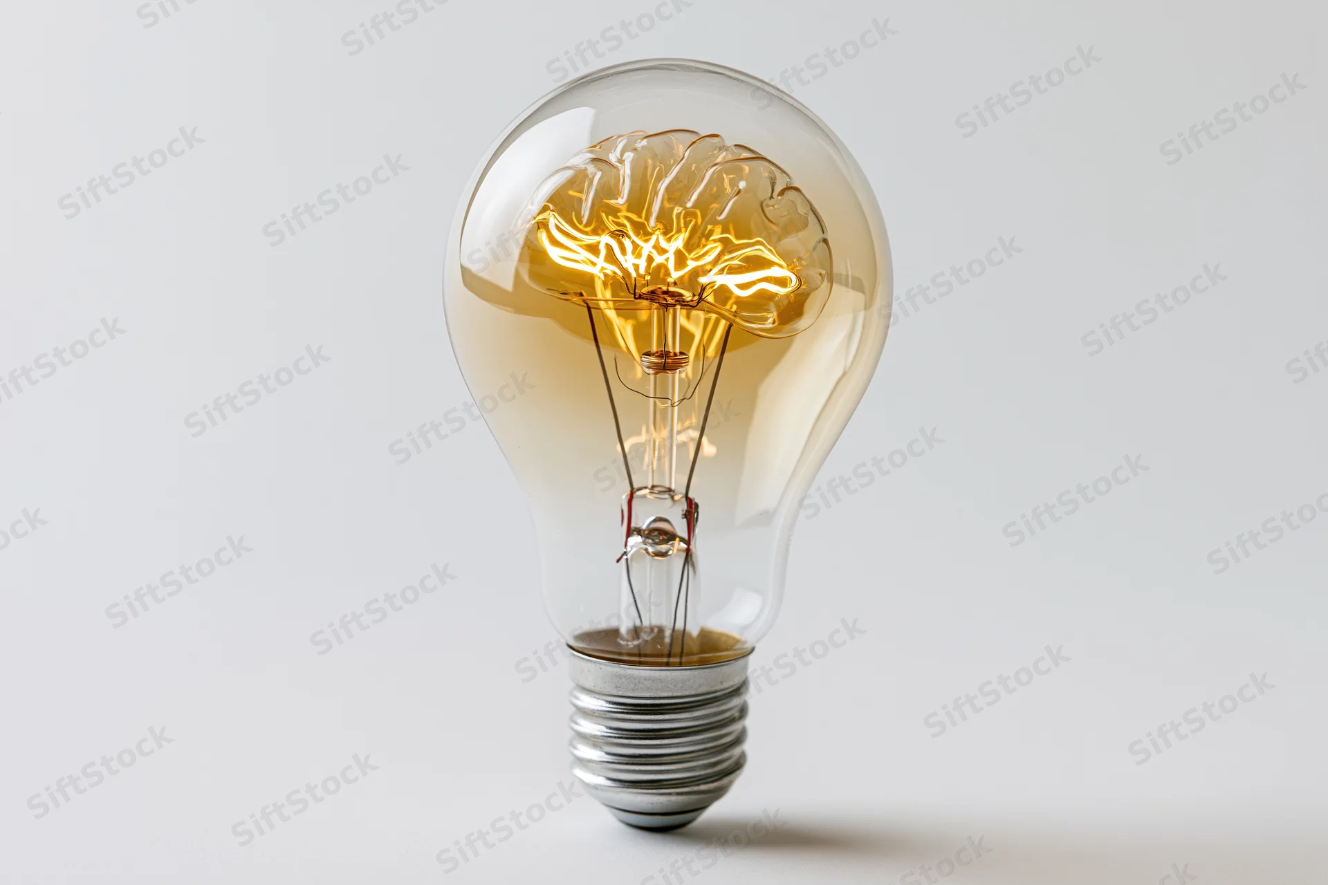 Lightbulb with brain-shaped filament glowing against white background