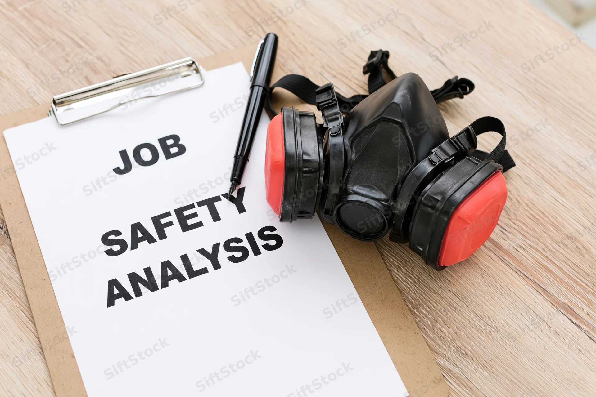 Job safety analysis document on clipboard with respirator mask and pen on wooden table