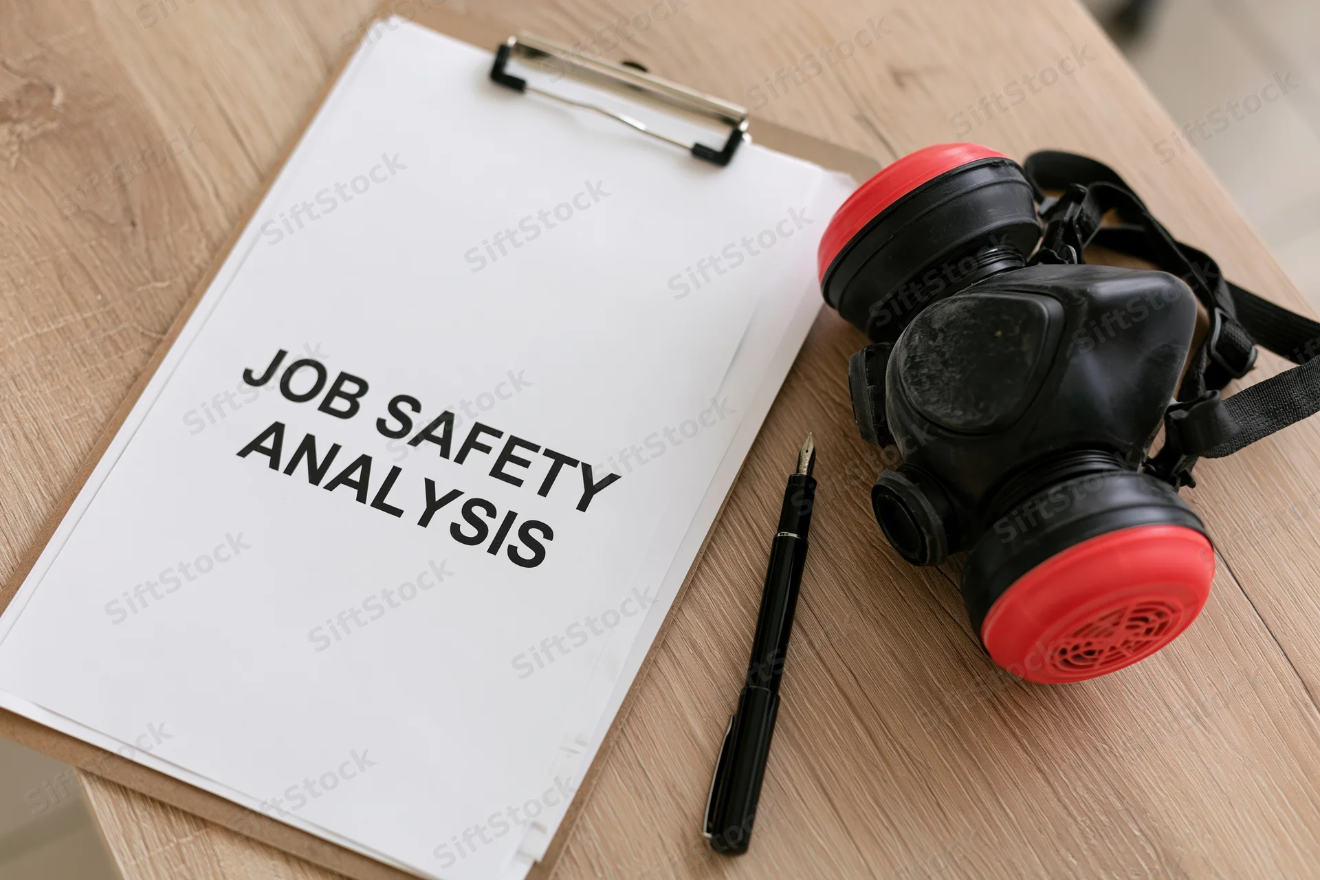 Job safety analysis document on clipboard with respirator mask and pen on wooden table