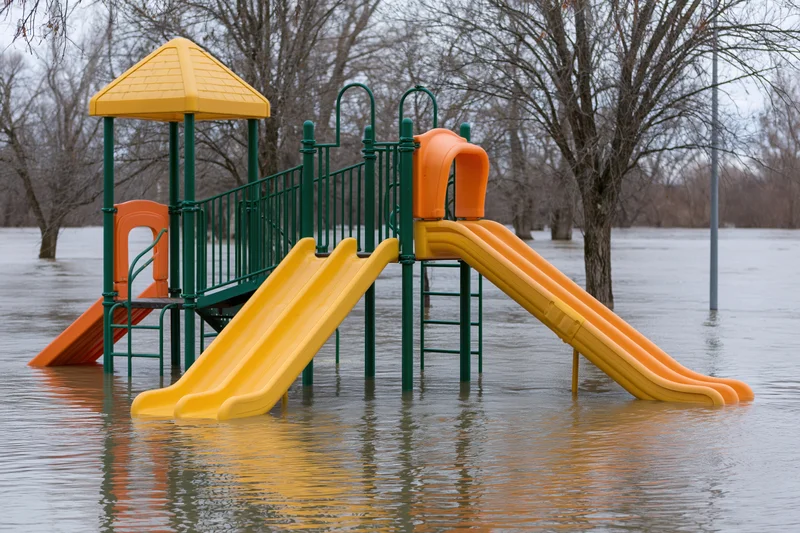 Colorful childrens playground structure partially submerged in murky floodwater with slides and platform visible above water level