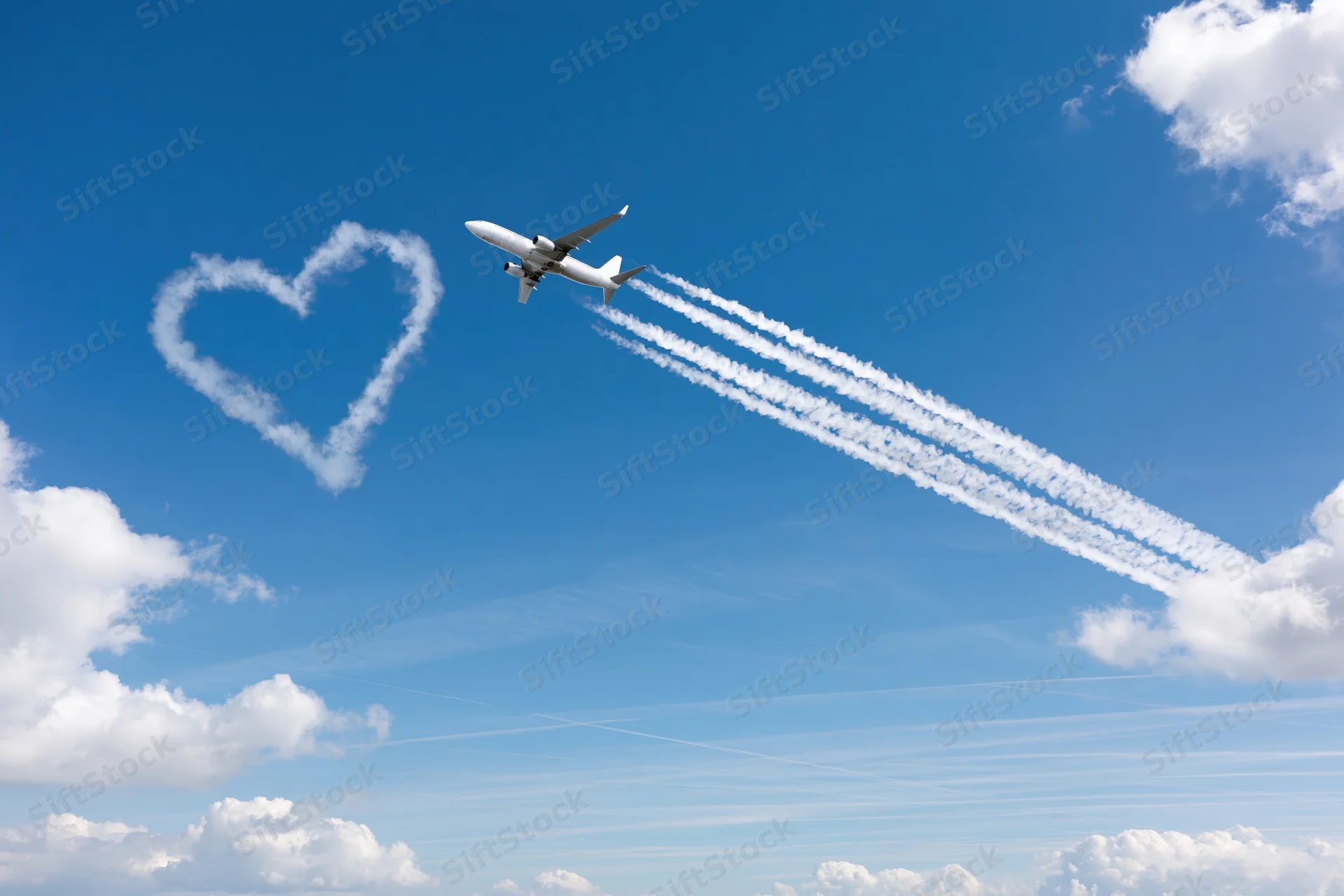 Commercial airplane flying in sky leaving heart-shaped contrail against blue sky with clouds
