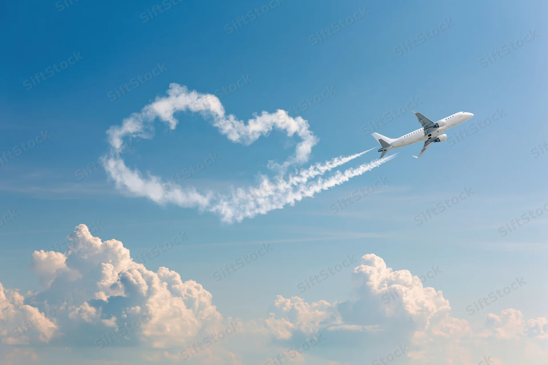 Commercial airplane climbing through open sky leaving heart-shaped contrail in blue sky with cumulus clouds below