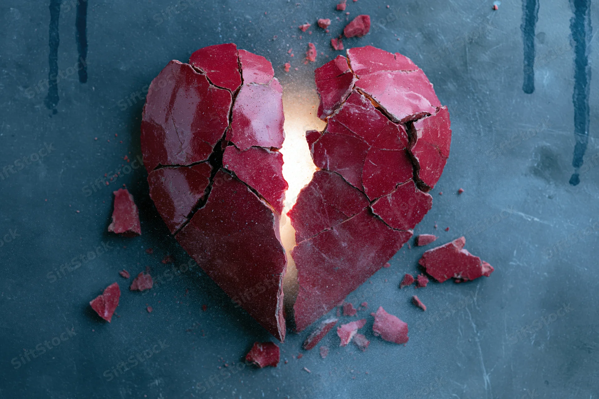 Shattered red ceramic heart with glowing center on dark textured surface