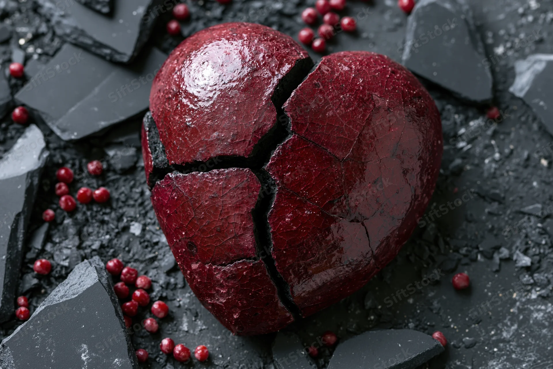 Cracked red ceramic heart on dark shattered surface with small red beads