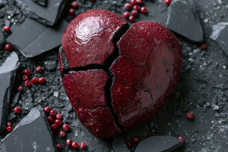 Cracked red ceramic heart on dark shattered surface with small red beads