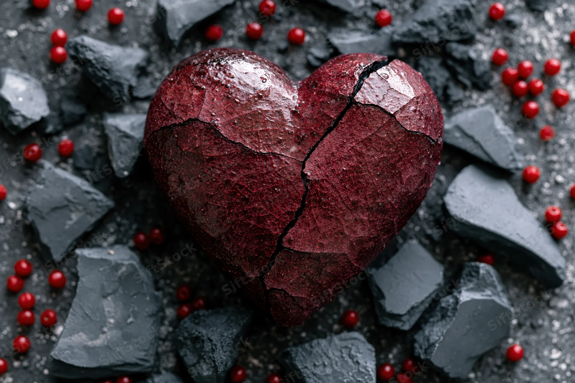 Cracked red ceramic heart resting on dark shattered stone surface