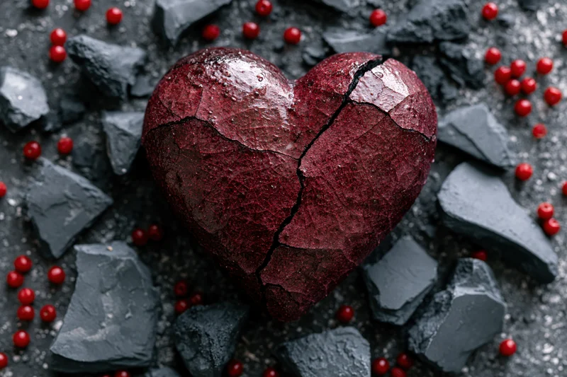 Cracked red ceramic heart resting on dark shattered stone surface