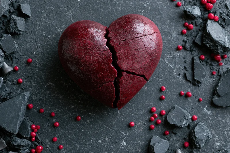 Cracked red ceramic heart on dark shattered stone surface surrounded by small red beads