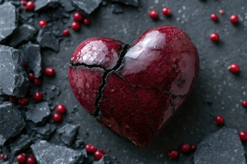 Cracked red ceramic heart on dark shattered surface surrounded by small red beads and stone fragments