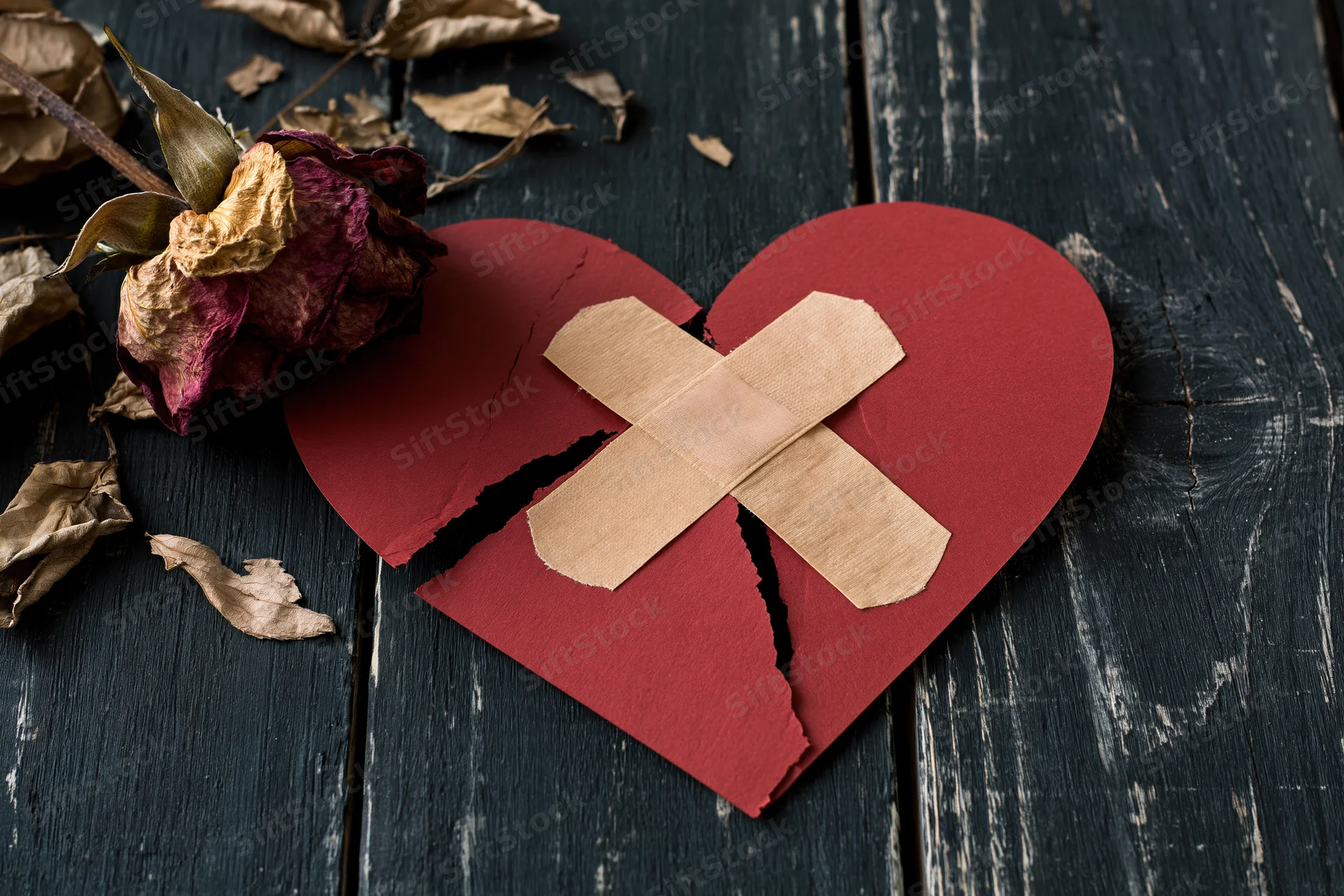 Broken red paper heart with crossed tape bandage on dark wooden surface beside dried rose petals