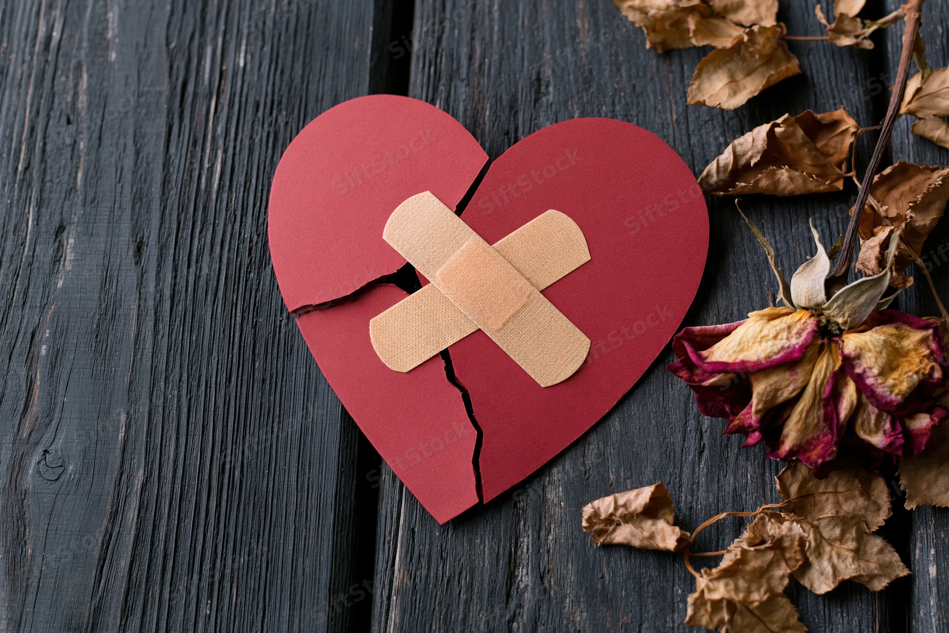 Cracked red paper heart with crossed bandage on dark wood beside dried rose petals