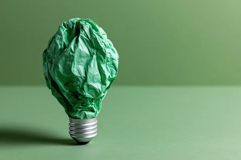 Crumpled green paper shaped like a lightbulb on a green surface
