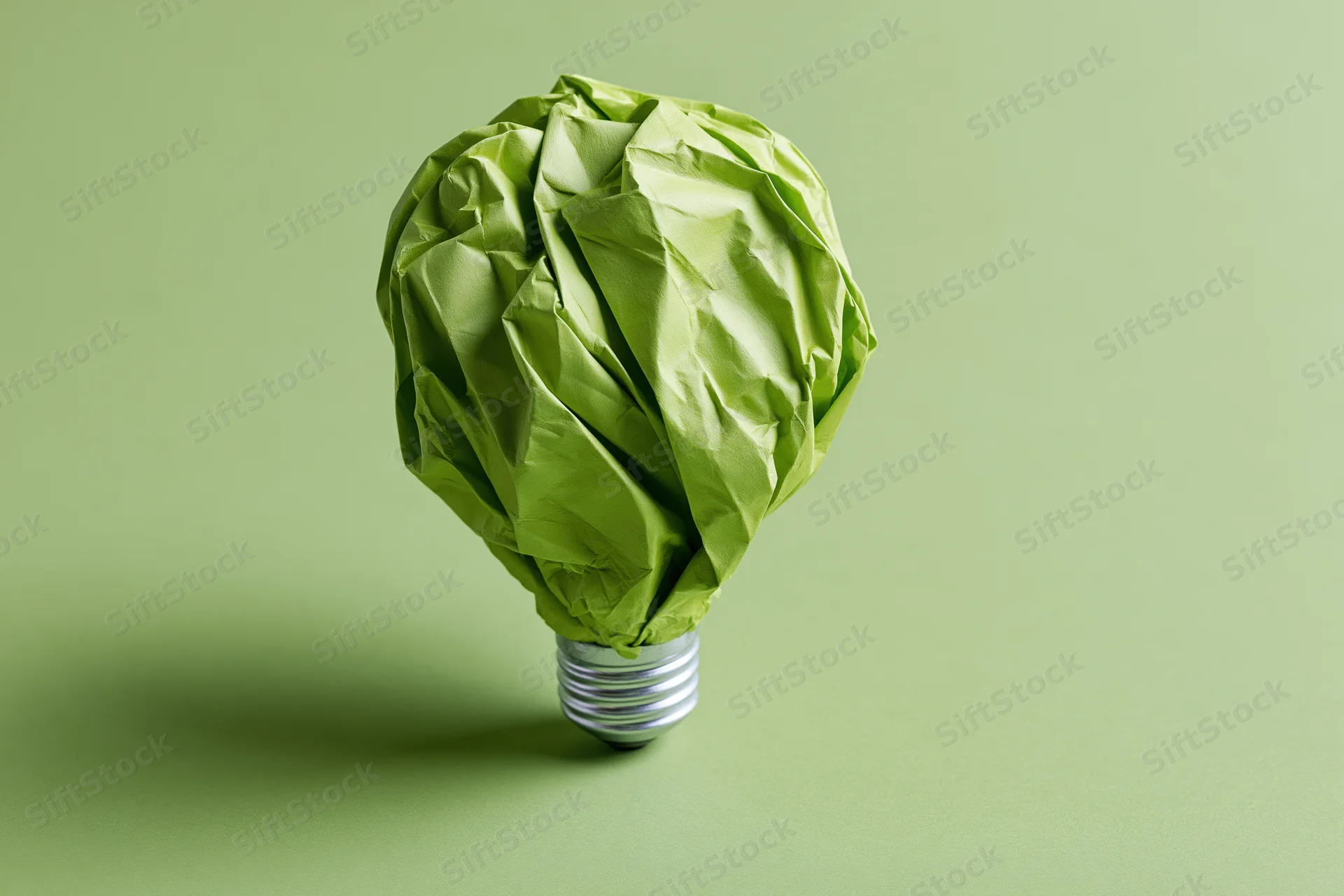 Crumpled green paper shaped as a lightbulb on a green background